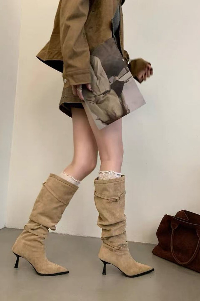 Belt buckle France style boots pointed thigh boots for women