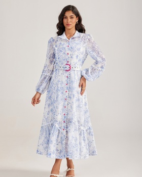Court style long sleeve long dress printing rose-red dress