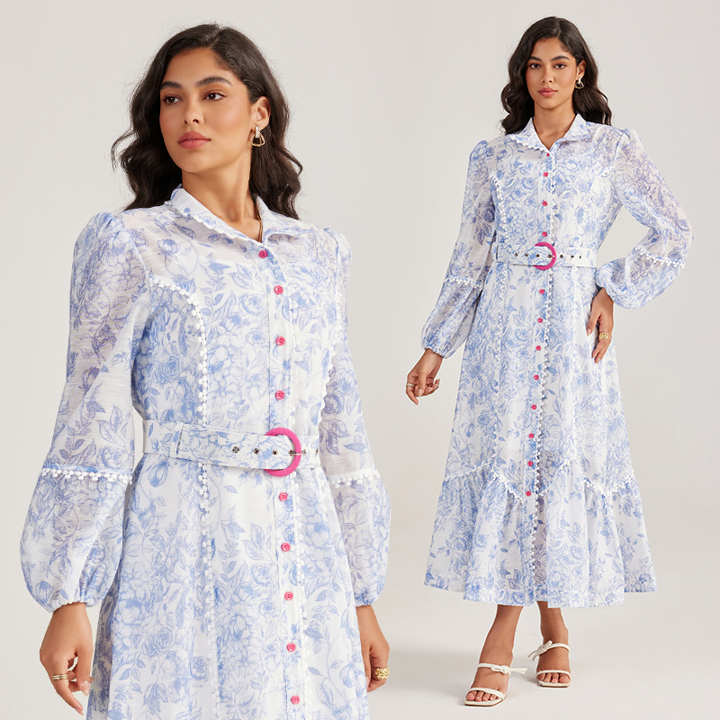 Court style long sleeve long dress printing rose-red dress