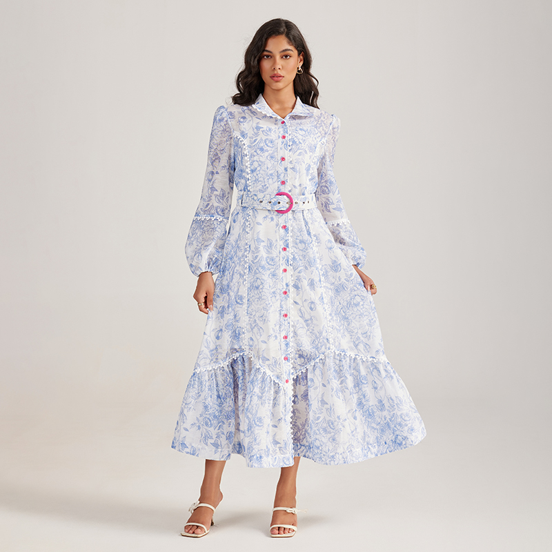 Court style long sleeve long dress printing rose-red dress