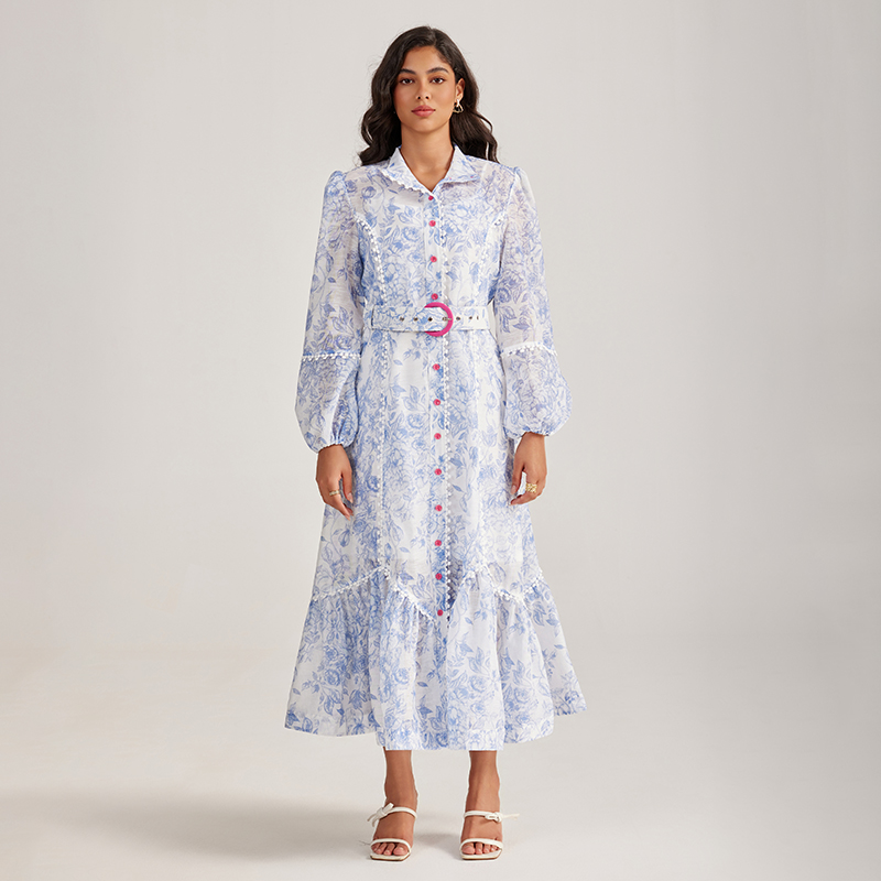 Court style long sleeve long dress printing rose-red dress