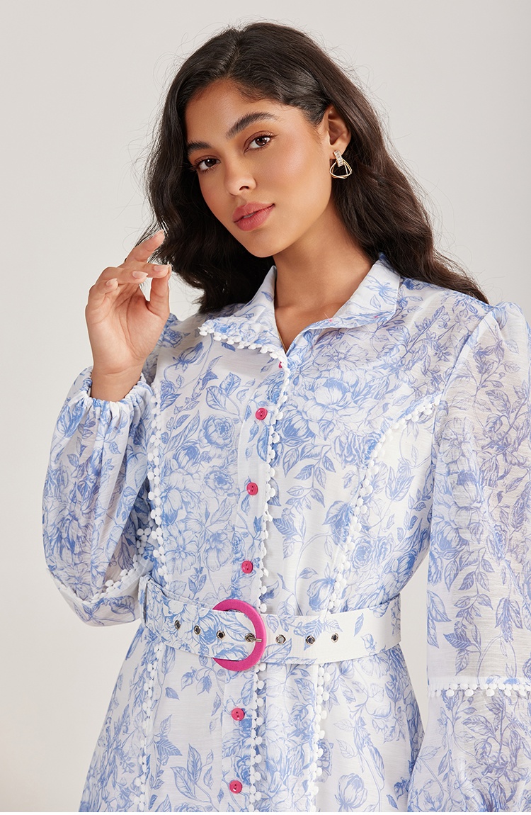 Court style long sleeve long dress printing rose-red dress