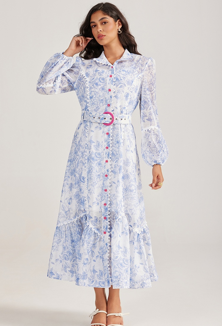 Court style long sleeve long dress printing rose-red dress