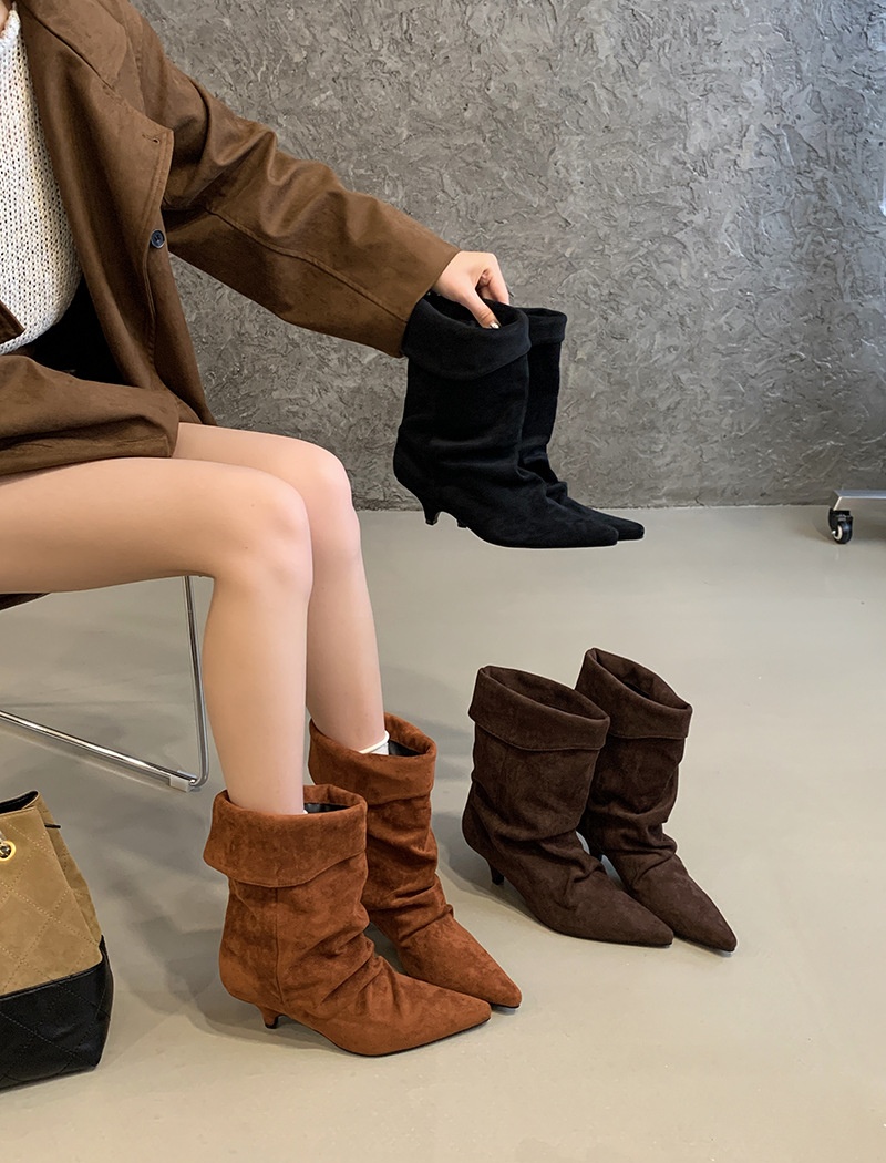 Autumn and winter pointed short boots temperament brown boots