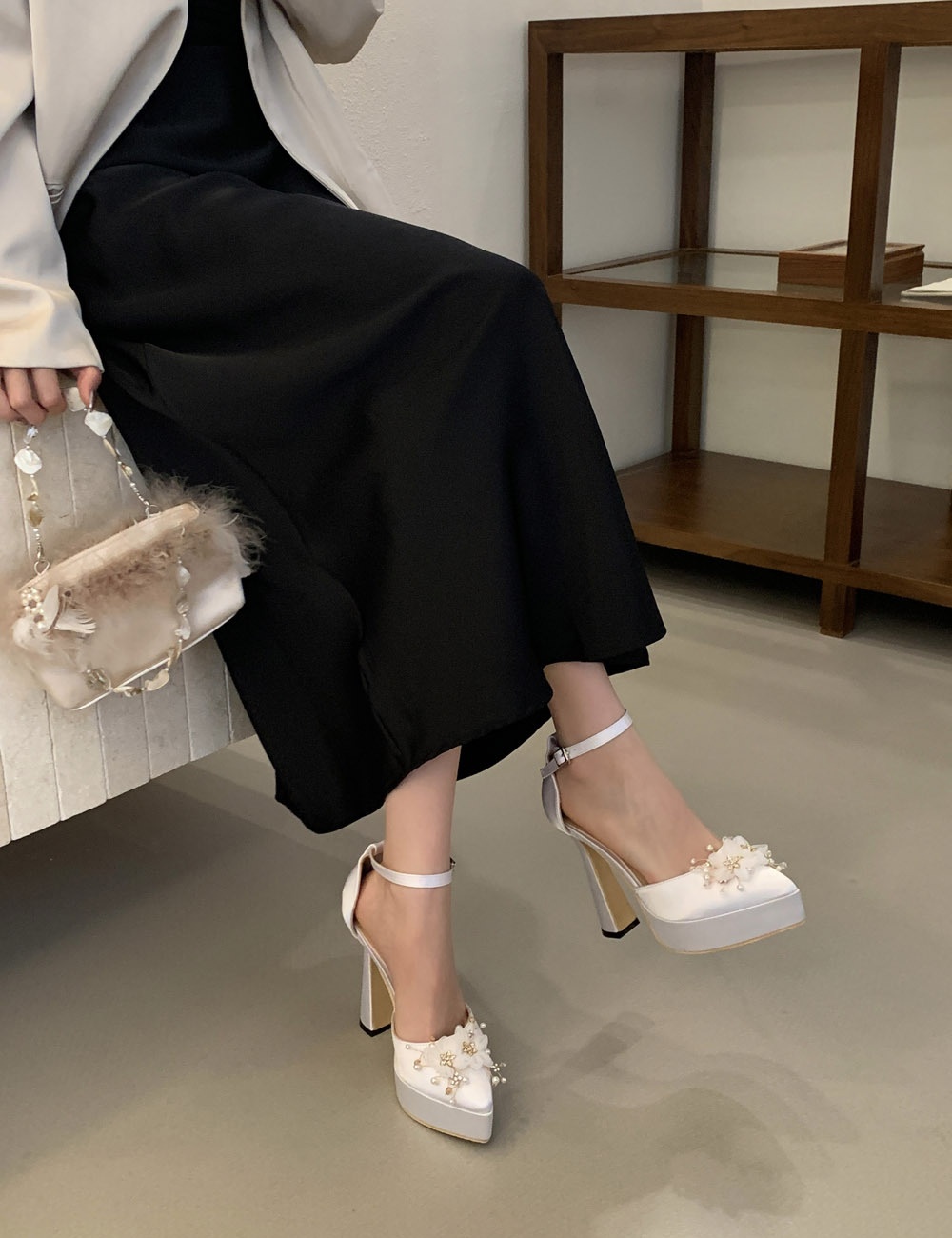 Thick bridesmaids wedding shoes flowers wedding dress