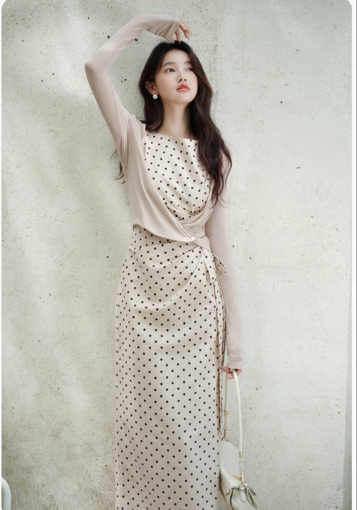 Tender temperament jacket polka dot dress a set