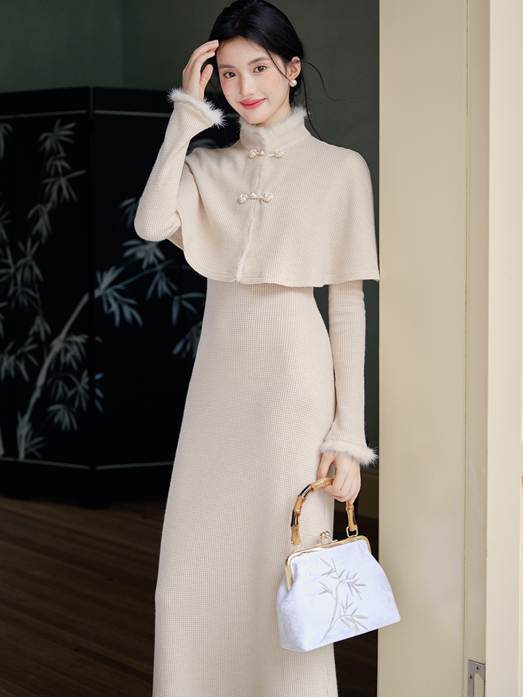 Chinese style autumn small dress knitted cloak 2pcs set