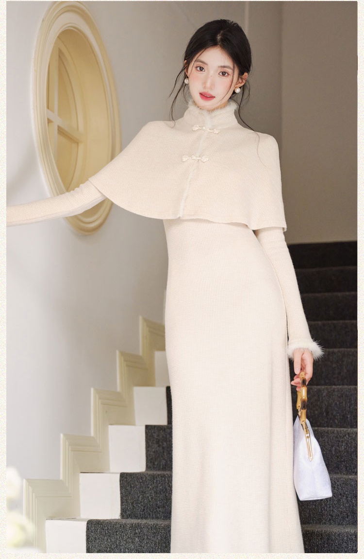 Chinese style autumn small dress knitted cloak 2pcs set