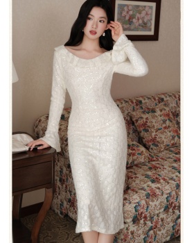 Slim trumpet sleeves dress pinched waist long dress
