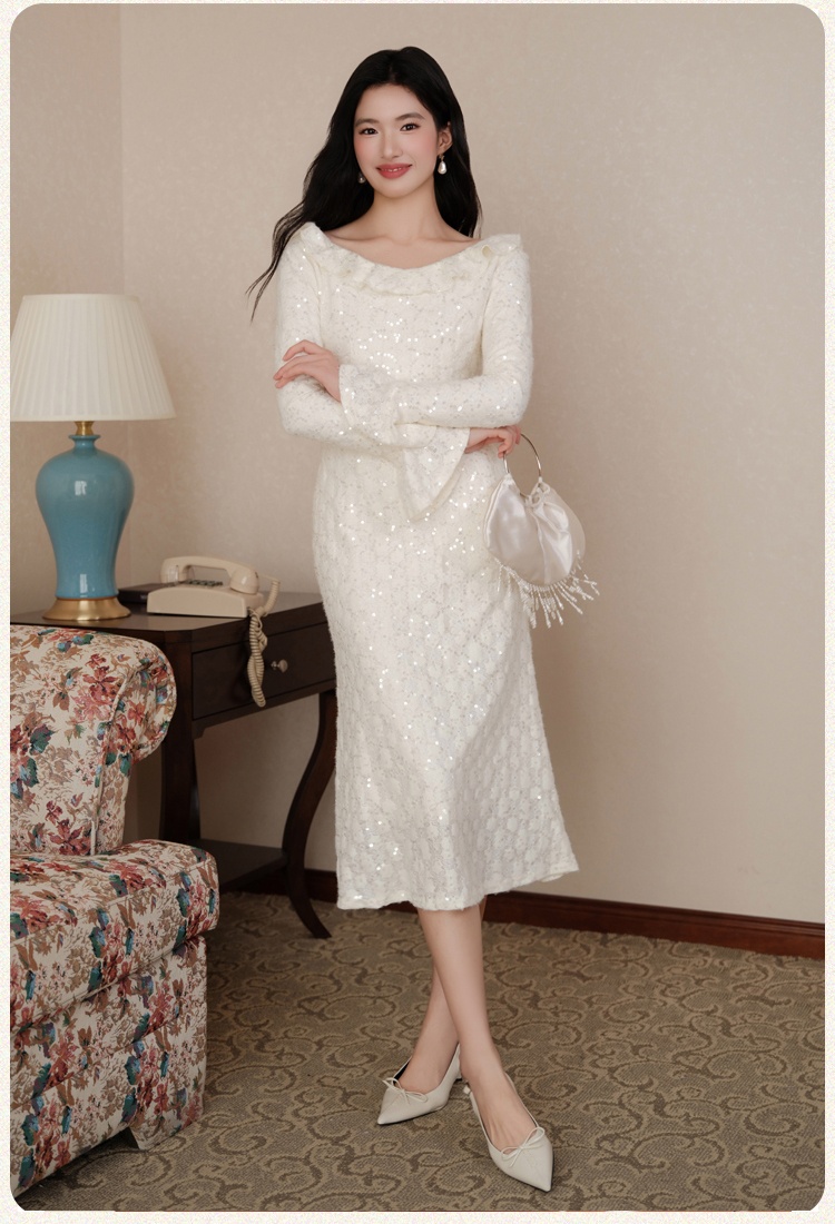 Slim trumpet sleeves dress pinched waist long dress