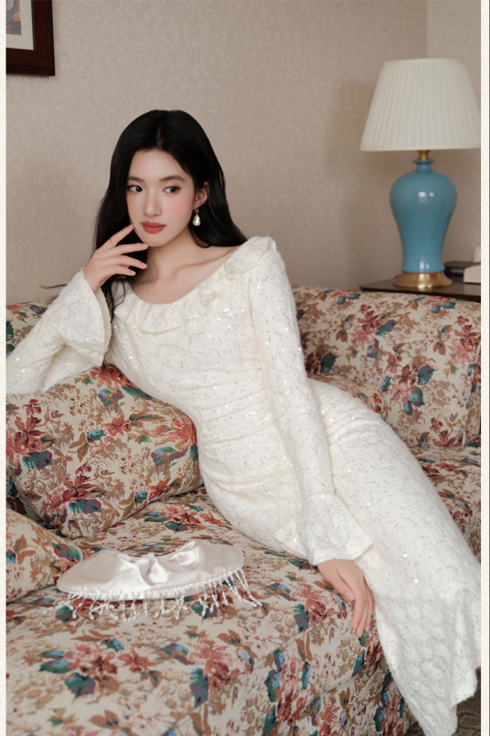 Slim trumpet sleeves dress pinched waist long dress