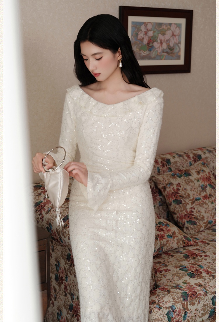 Slim trumpet sleeves dress pinched waist long dress