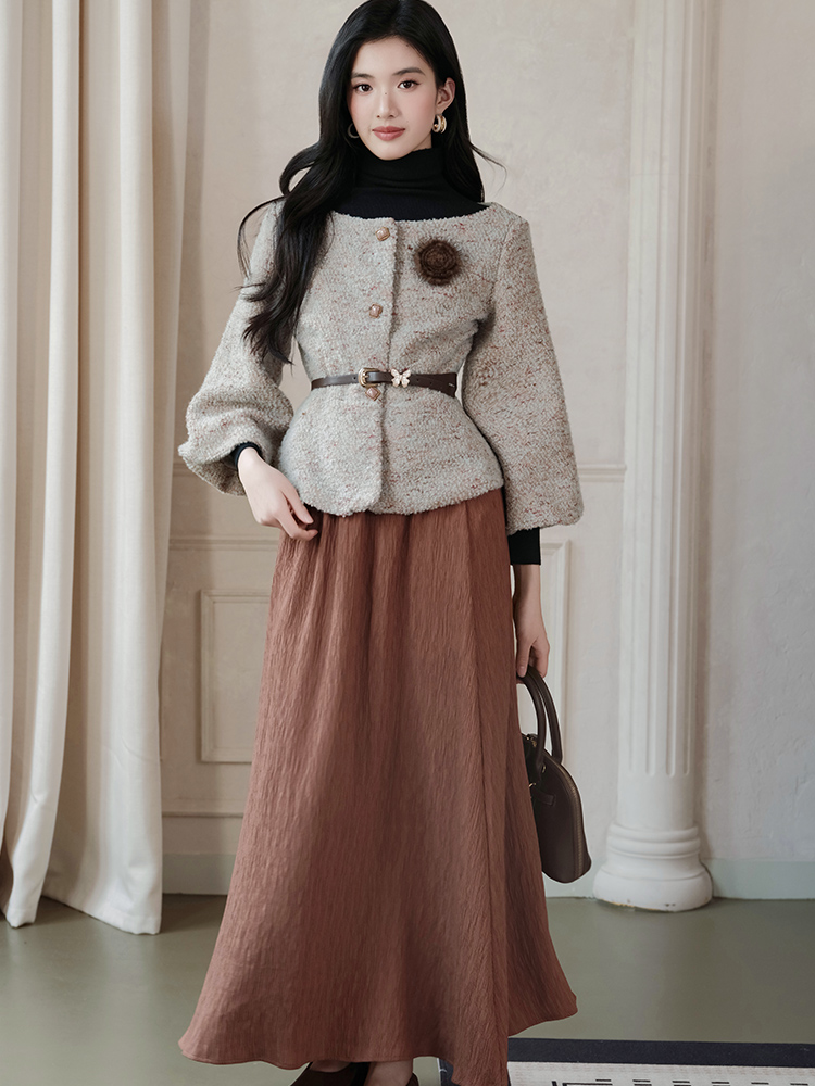 Pinched waist short skirt grace coat 3pcs set for women