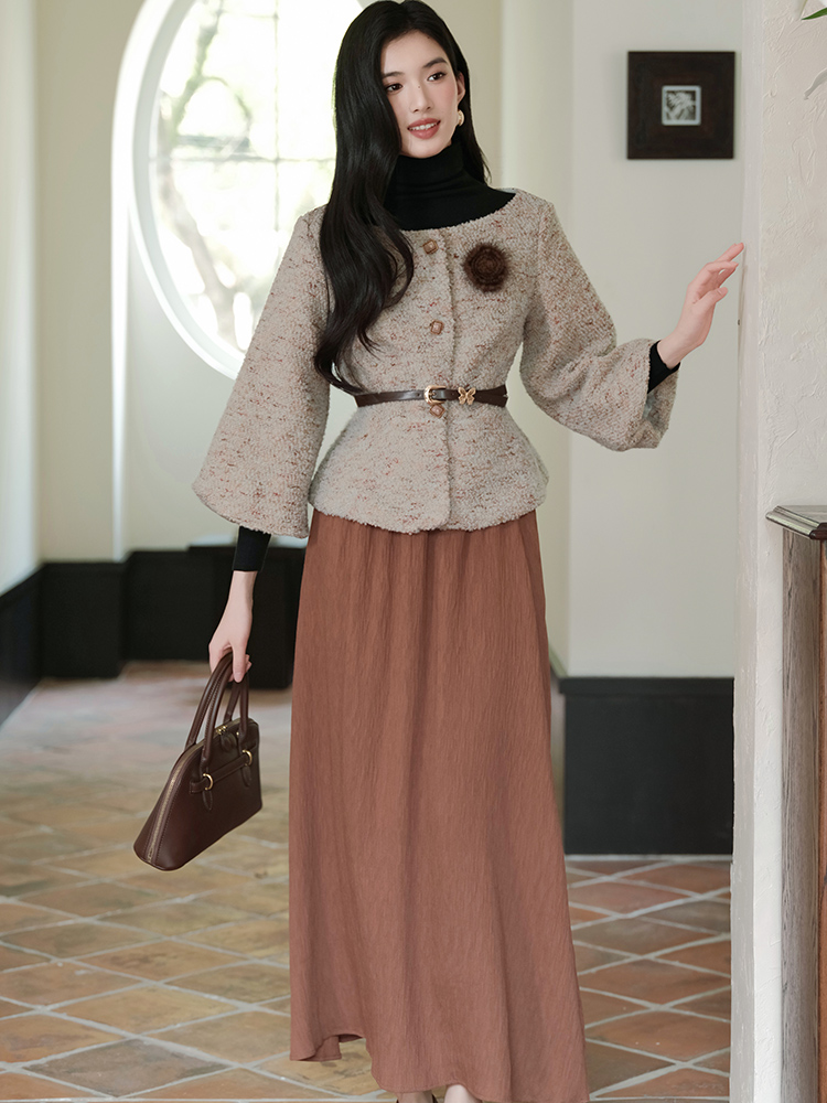 Pinched waist short skirt grace coat 3pcs set for women