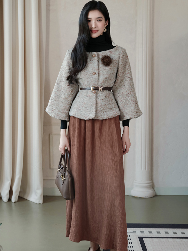 Pinched waist short skirt grace coat 3pcs set for women