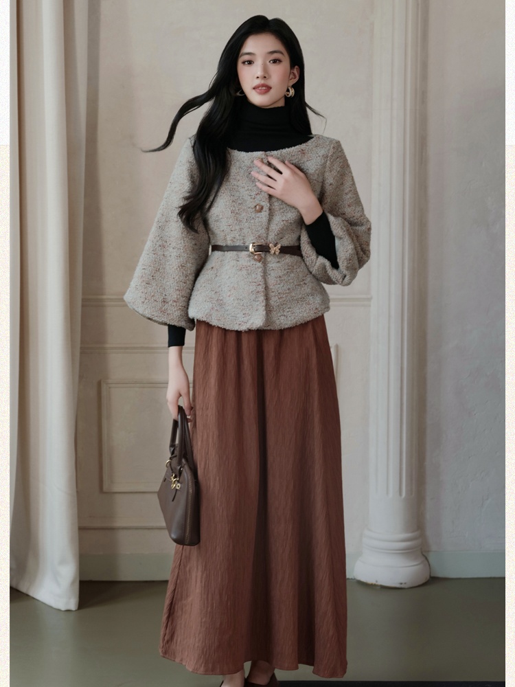 Pinched waist short skirt grace coat 3pcs set for women