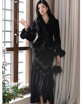 Korean style black coat knitted skirt a set