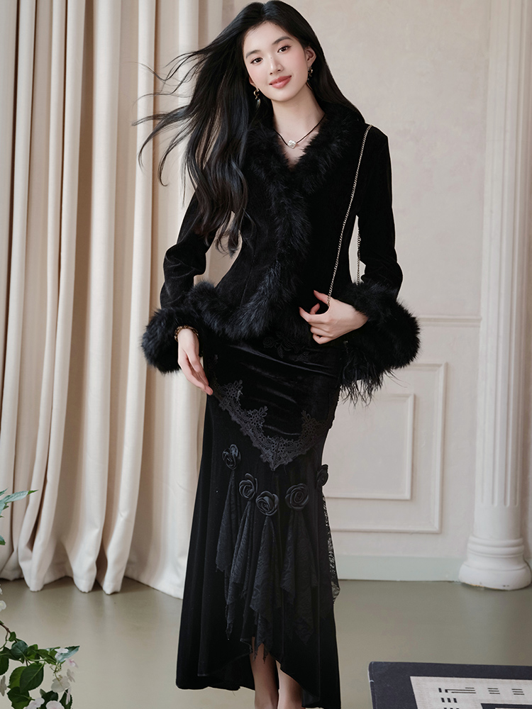 Korean style black coat knitted skirt a set