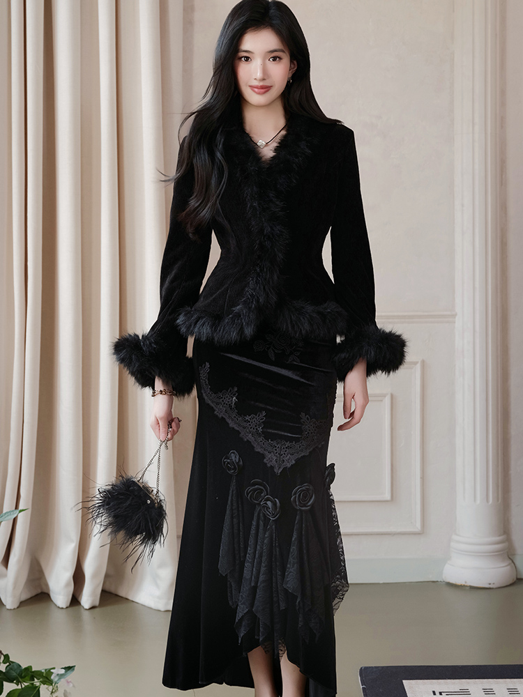 Korean style black coat knitted skirt a set