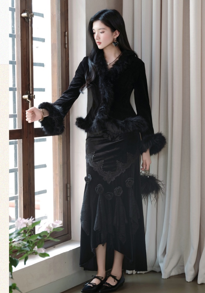 Korean style black coat knitted skirt a set
