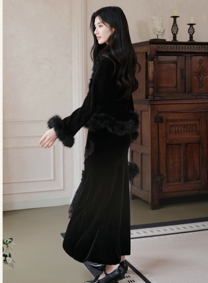 Korean style black coat knitted skirt a set