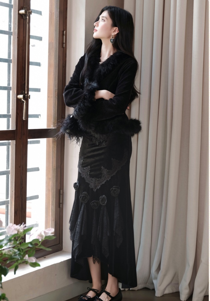 Korean style black coat knitted skirt a set