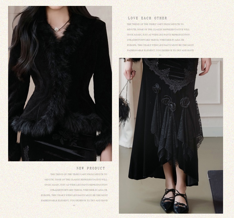 Korean style black coat knitted skirt a set