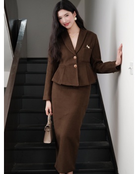 Woolen slim coat autumn and winter retro skirt a set