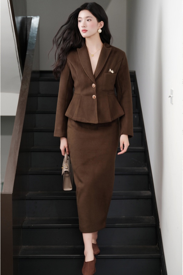 Woolen slim coat autumn and winter retro skirt a set