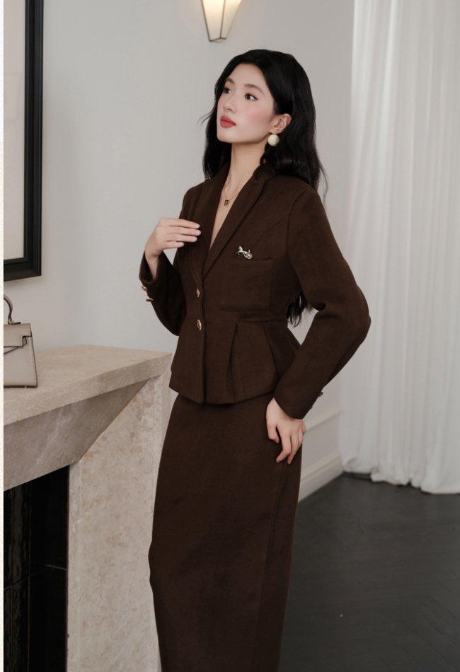 Woolen slim coat autumn and winter retro skirt a set