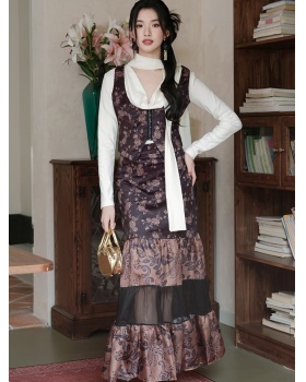 European style long skirt spell yarn waistcoat 3pcs set