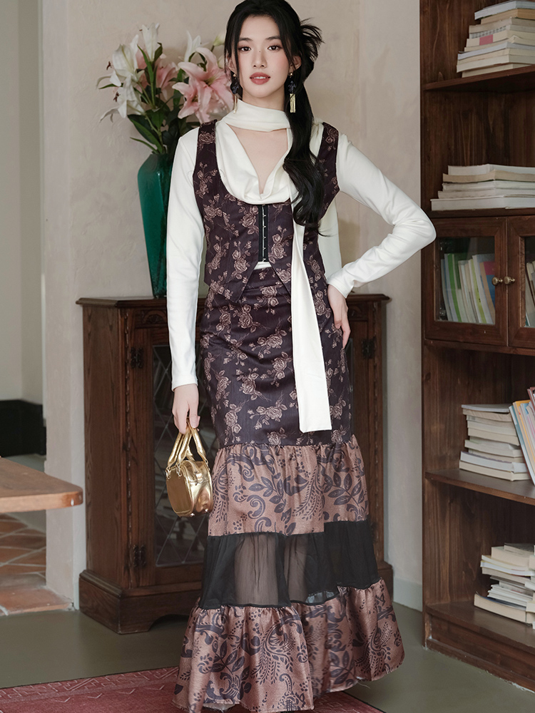 European style long skirt spell yarn waistcoat 3pcs set