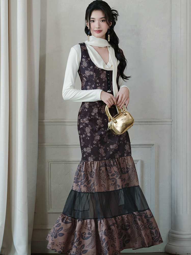 European style long skirt spell yarn waistcoat 3pcs set