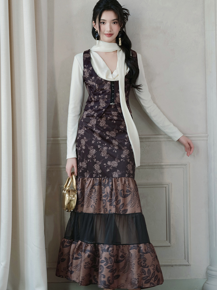 European style long skirt spell yarn waistcoat 3pcs set