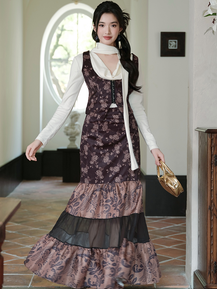European style long skirt spell yarn waistcoat 3pcs set