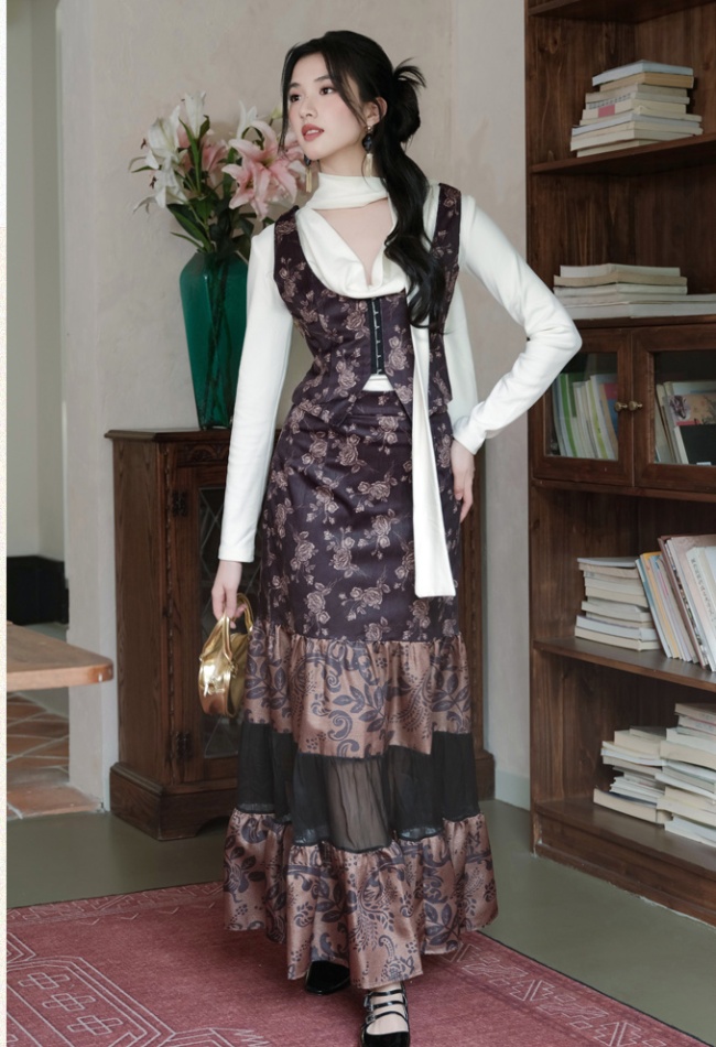 European style long skirt spell yarn waistcoat 3pcs set