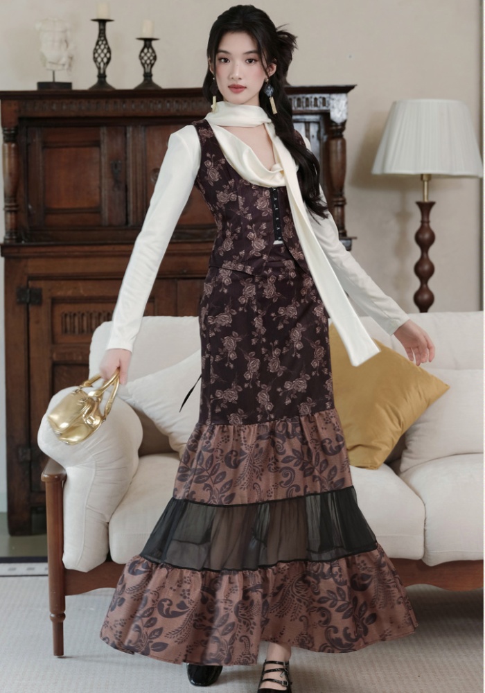 European style long skirt spell yarn waistcoat 3pcs set