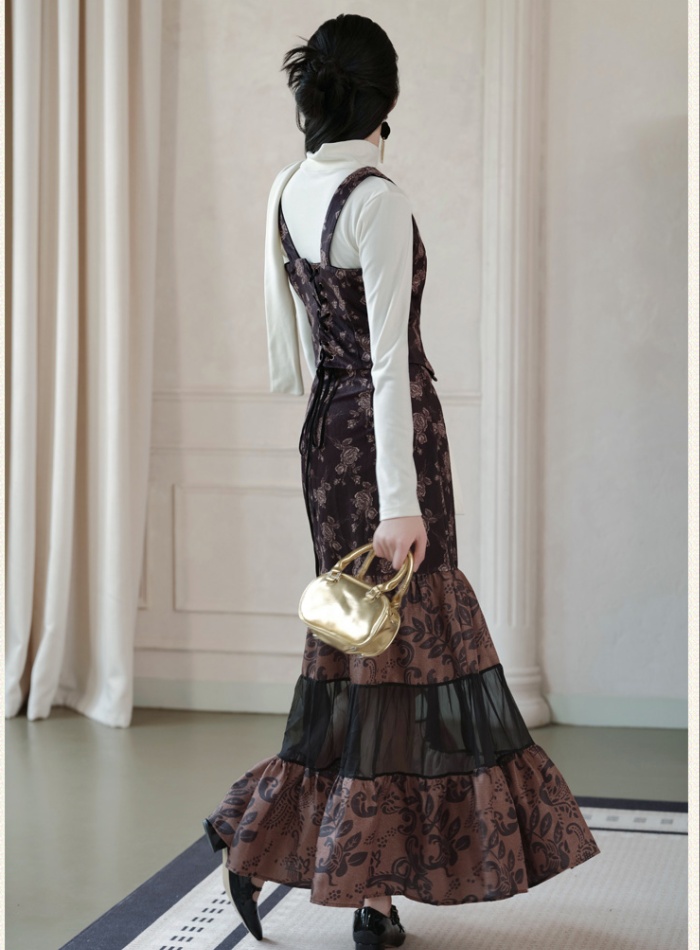 European style long skirt spell yarn waistcoat 3pcs set