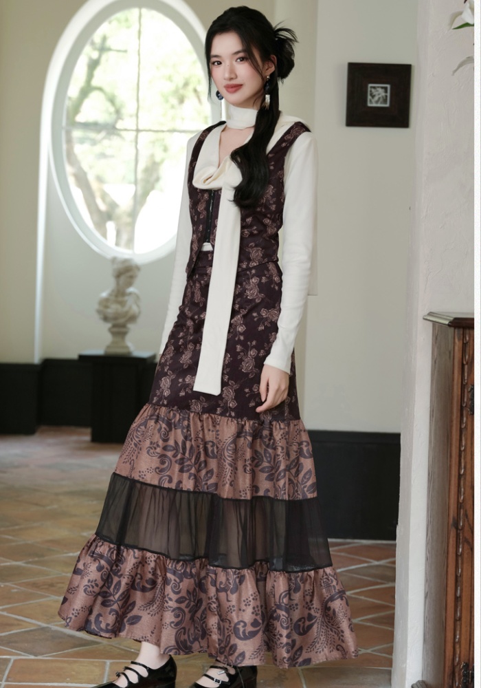 European style long skirt spell yarn waistcoat 3pcs set