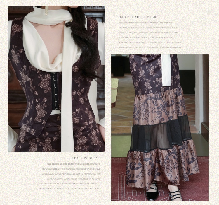 European style long skirt spell yarn waistcoat 3pcs set