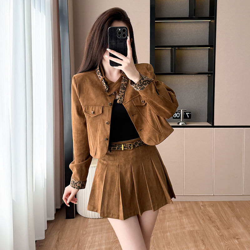 Fashion autumn short suede short skirt a set for women