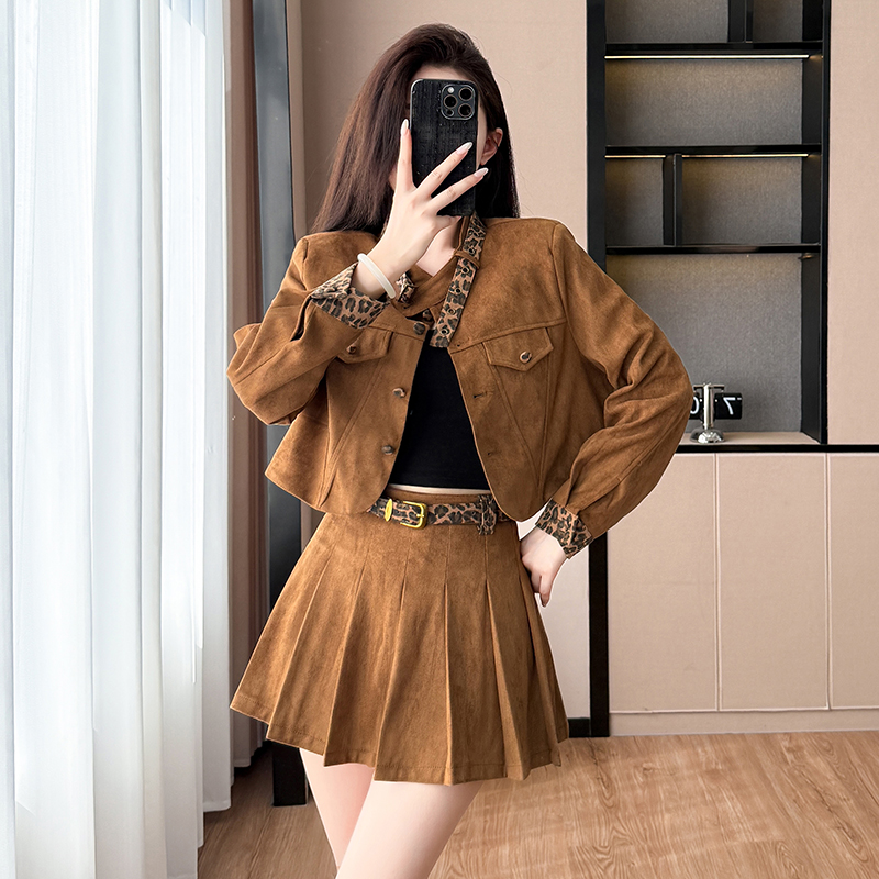 Fashion autumn short suede short skirt a set for women