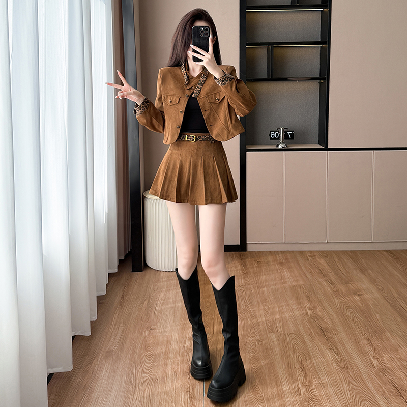 Fashion autumn short suede short skirt a set for women
