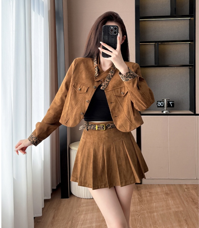 Fashion autumn short suede short skirt a set for women