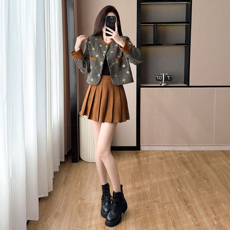 Round neck sequins coat autumn skirt 2pcs set for women