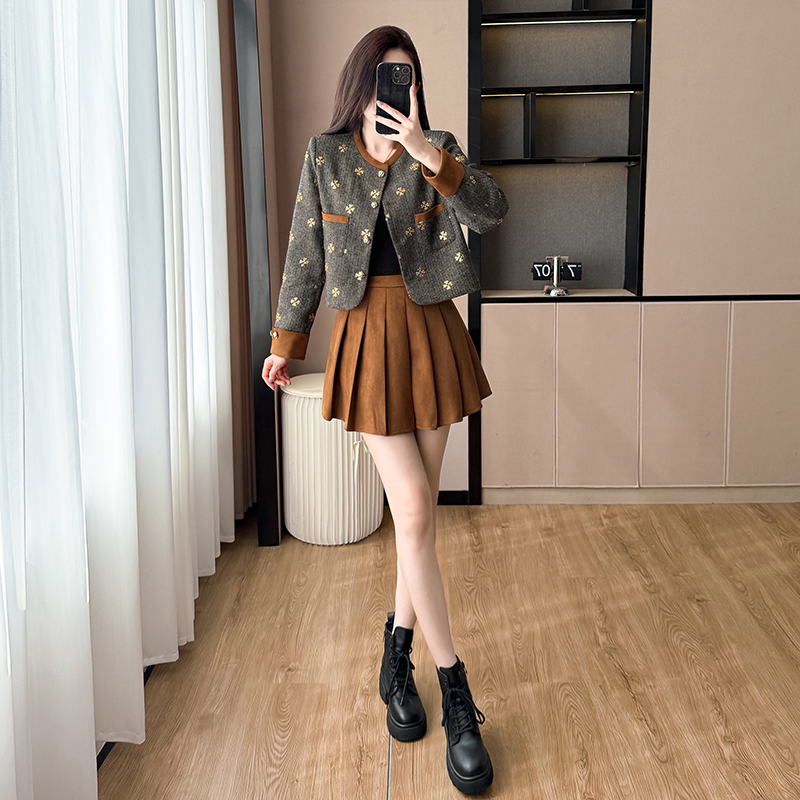 Round neck sequins coat autumn skirt 2pcs set for women