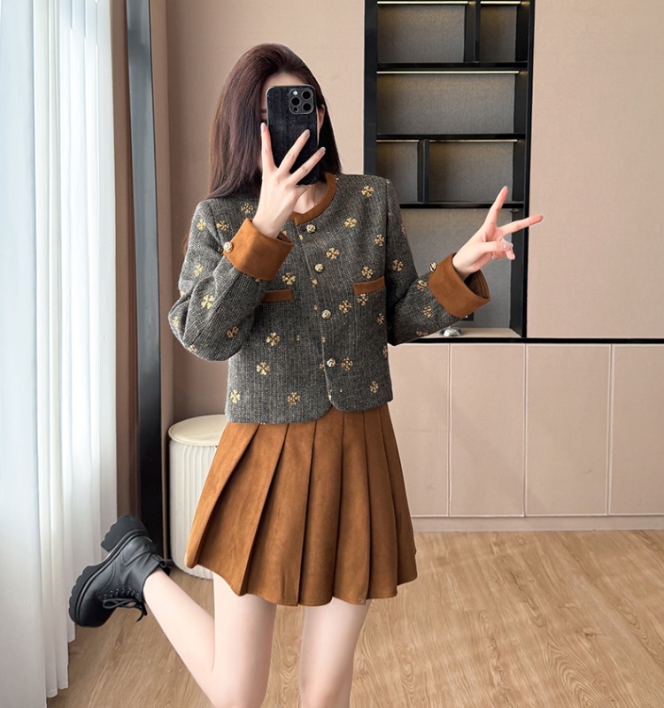 Round neck sequins coat autumn skirt 2pcs set for women