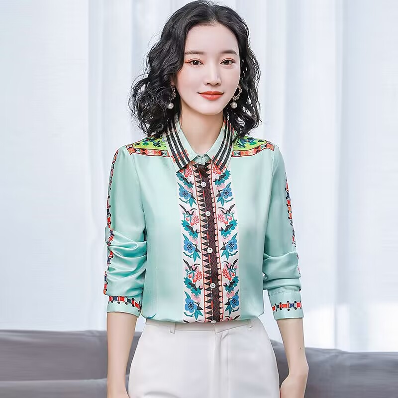 Autumn real silk shirt retro Western style tops for women
