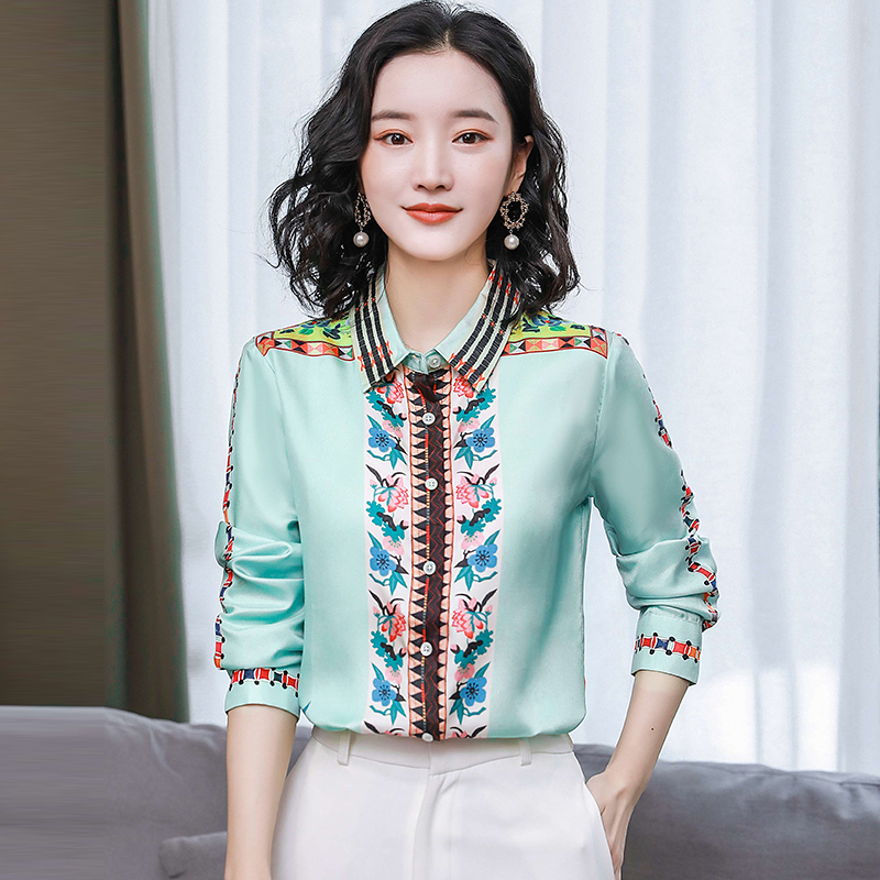 Autumn real silk shirt retro Western style tops for women