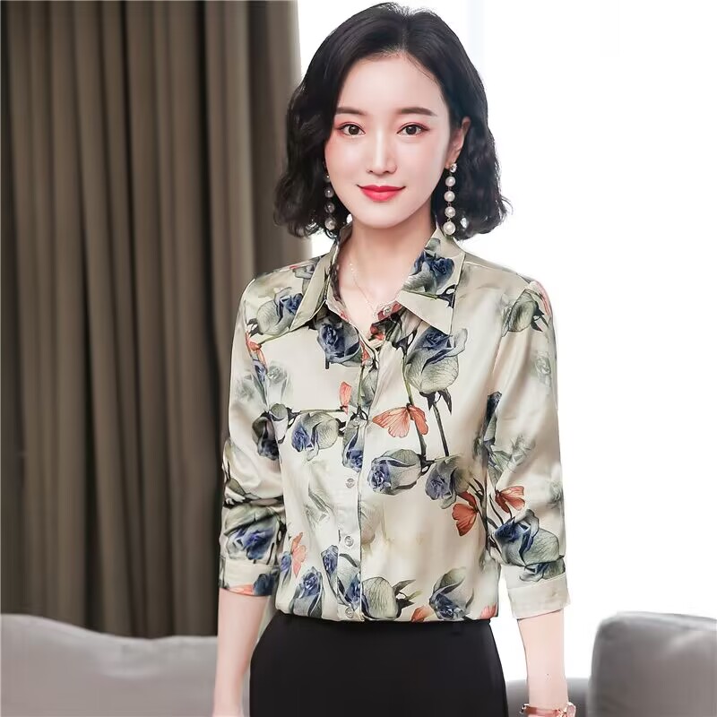 Fashion long sleeve tops silk printing shirt for women